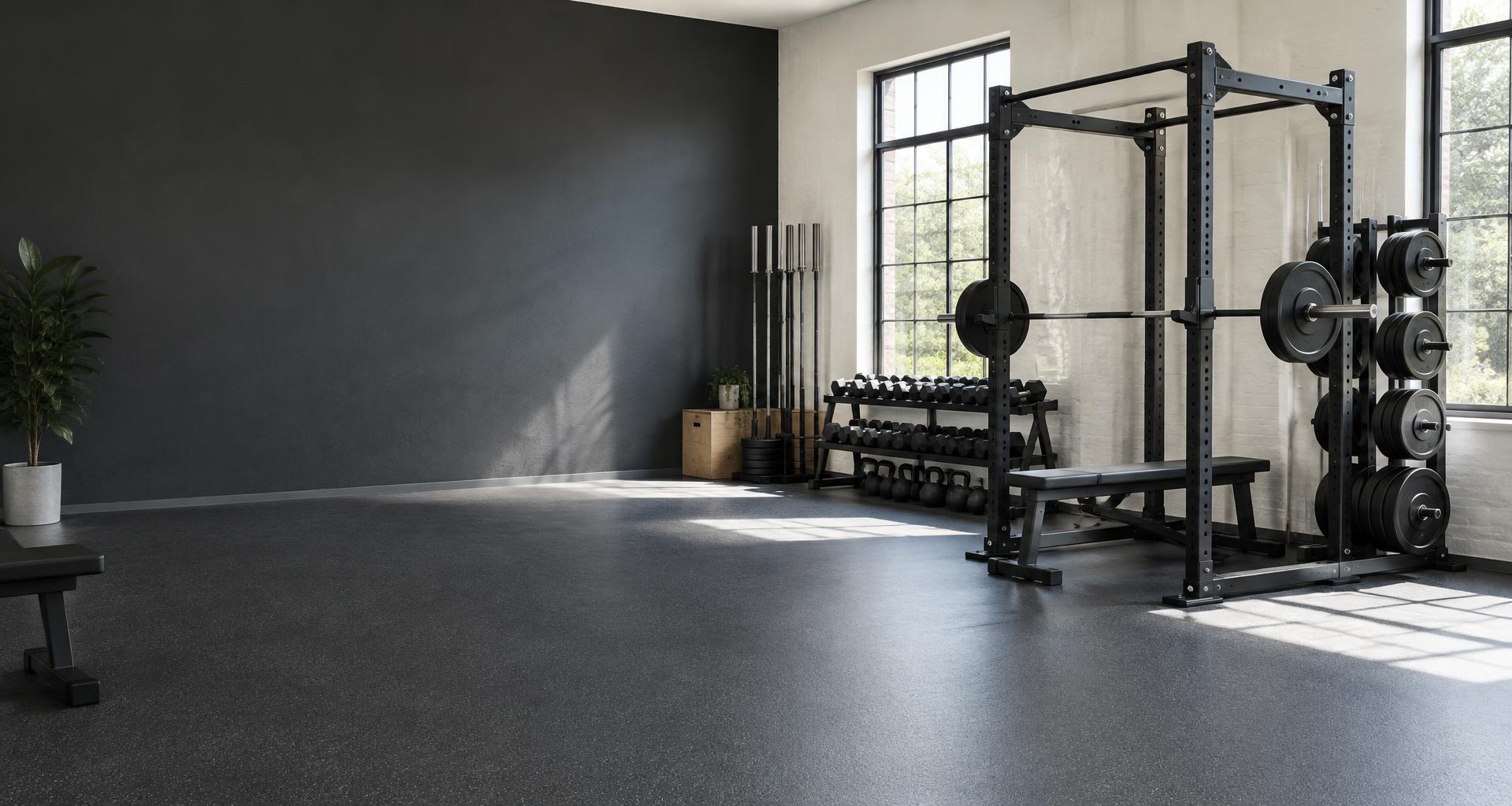 An empty strength studio with a squat rack and weights in natural daylight